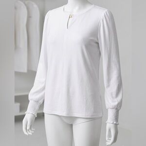 Blooming Jelly White Keyhole Blouse Smocked Cuffs Puff Sleeve Women’s Medium